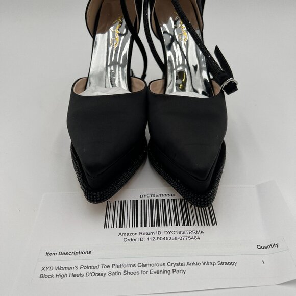 XYD Black Pointed Toe Platforms Crystal Ankle Wrap Strappy Block Heel Satin Shoe - Picture 7 of 7